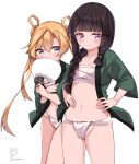  2girls abukuma_(kancolle) alternate_costume bangs black_hair blonde_hair blue_eyes blunt_bangs braid breasts collarbone double_bun fan fundoshi hair_over_shoulder hair_ribbon hair_rings happi highres holding holding_fan japanese_clothes kantai_collection kitakami_(kancolle) long_hair multiple_girls navel paper_fan purple_eyes ribbon sarashi sidelocks small_breasts tress_ribbon uchiwa uut 