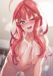  1girl absurdres after_fellatio ahoge all_fours bangs blue_eyes blush breasts collarbone cum cum_on_body cum_on_breasts eyebrows_visible_through_hair facial go-toubun_no_hanayome hair_ornament heart heart-shaped_pupils highres kinoe_tsuki large_breasts long_hair nakano_itsuki nude one_eye_closed open_mouth red_hair smile solo star_(symbol) star_hair_ornament steaming_body sweat symbol-shaped_pupils 