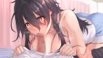  1girl arm_grab bent_over black_hair blush breasts bright_pupils camisole censored cleavage fellatio hair_between_eyes highres large_breasts long_hair mosaic_censoring natsuishi_nana on_bed oral orange_eyes original penis pov pov_crotch shirt_grab shorts solo_focus sweat tearing_up 