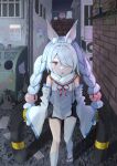  1girl animal_ears azur_lane bunny_ears commentary_request detached_sleeves hair_over_one_eye light_blue_hair long_hair long_sleeves looking_at_viewer nano_illustrator open_mouth pantyhose red_eyes road shirayuki_(azur_lane) single_thighhigh solo street thick_eyebrows thighhighs trash_can white_legwear 