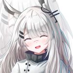  1girl animal_ear_fluff animal_ears arknights bunny_ears chinese_commentary closed_eyes eyebrows_visible_through_hair frostnova_(arknights) hair_ornament hairclip happy highres jacket long_hair morihar open_mouth scar scar_on_face scar_on_nose silver_hair solo upper_body white_jacket zoom_layer 