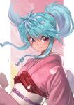  1girl bangs blue_hair blush botan_(yuu_yuu_hakusho) cherry_blossoms closed_mouth hair_between_eyes high_ponytail japanese_clothes kagyu_nakamura kimono long_hair looking_at_viewer petals ponytail purple_eyes sidelocks simple_background smile solo yu_yu_hakusho 