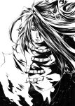  1boy belt buckle cloak final_fantasy final_fantasy_vii frown greyscale hakuseki headband highres looking_to_the_side messy_hair monochrome torn_clothes vincent_valentine 