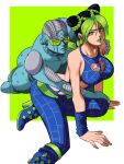  1girl bare_shoulders black_hair braid breasts double_bun foot_out_of_frame green_eyes green_hair green_lips highres jojo_no_kimyou_na_bouken kujo_jolyne large_breasts looking_at_viewer multicolored_hair parted_lips shadow sleeveless solo stand_(jojo) stone_free stone_ocean tina_fate two-tone_hair 