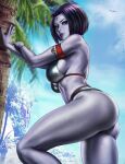  1girl armband ass beach black_hair blue_skin breasts colored_skin commentary dandon_fuga dc_comics large_breasts lips long_hair palm_tree parted_lips purple_eyes raven_(dc) signature solo teen_titans thick_thighs thighs tree 