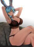  1girl animal_ears armpits arms_behind_head blue_hair bra breasts brown_bra brown_panties bunny_ears cleavage commission couch feet_out_of_frame frilled_bra frilled_panties frills grey_background large_breasts lingerie mitsukichi original panties side_ponytail sitting skeb_commission smile solo underwear yellow_eyes 