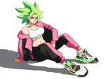  1girl aqua_eyes dragon_ball dragon_ball_super earrings green_hair highres jacket jewelry kefla_(dragon_ball) long_sleeves looking_at_viewer midriff navel pants pink_jacket shadow shoes simple_background solo spiked_hair sports_bra tina_fate white_background white_footwear white_sports_bra 