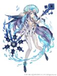  1girl absurdly_long_hair anklet blue_eyes bodysuit breasts fins full_body highres holding holding_staff jellyfish jewelry ji_no long_hair looking_at_viewer ningyo_hime_(sinoalice) official_art ponytail purple_hair sideboob sinoalice skin_tight solo spines square_enix staff very_long_hair water white_background white_bodysuit 