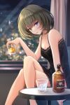  1girl bangs bare_arms bare_legs bare_shoulders black_dress black_hair blue_eyes blush bottle breasts city_lights collarbone commentary_request commission crossed_legs cup dress drinking_glass eyebrows_visible_through_hair feet_out_of_frame from_side green_eyes hand_up heterochromia highres holding holding_cup idolmaster idolmaster_cinderella_girls indoors kirifrog looking_at_viewer mole mole_under_eye night open_mouth short_hair sitting skeb_commission sleeveless sleeveless_dress smile solo takagaki_kaede 