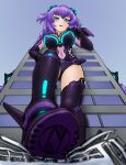  1girl alloyrabbit blue_eyes blush boots braid breasts cameltoe cleavage covered_navel from_below giant giantess highres leotard long_hair looking_at_viewer medium_breasts neptune_(series) open_mouth power_symbol purple_hair purple_heart skin_tight solo symbol-shaped_pupils thigh_boots thighhighs twin_braids very_long_hair 