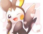  ;d attract_(pokemon) blush border commentary dated emolga fang gen_5_pokemon grey_eyes hand_up heart looking_at_viewer no_humans okoge_(simokaji) one_eye_closed open_mouth outside_border pokemon pokemon_(creature) signature skin_fang smile solo tongue white_border 