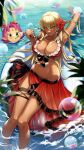  2girls aqua_eyes bangs bikini blonde_hair blurry blurry_foreground breasts bubble bubble_blowing character_request cleavage cluseller commentary_request commission copyright_request dark-skinned_female dark_skin day depth_of_field eyebrows_visible_through_hair facial_mark fae_(fire_emblem) fire_emblem fire_emblem:_the_binding_blade flower food frilled_bikini frills groin hair_between_breasts hair_between_eyes hair_flower hair_ornament hibiscus highres holding holding_eyewear igrene_(fire_emblem) large_breasts long_hair looking_at_viewer mole mole_under_eye multiple_girls navel outdoors partially_submerged pink_hair pointy_ears red_bikini see-through shiny shiny_skin skeb_commission smile soaking_feet solo_focus sunglasses swimsuit thigh_strap thighs very_long_hair water 