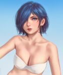  1girl bangs bare_shoulders bikini blue_background blue_eyes blue_hair breasts cleavage collarbone commentary_request earrings gradient gradient_background hair_over_one_eye highres hoop_earrings jewelry kirishima_touka looking_at_viewer medium_breasts miura-n315 parted_lips red_lips solo swimsuit tokyo_ghoul upper_body white_bikini 
