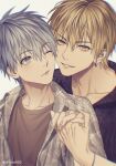  2boys bangs black_shirt blonde_hair blue_eyes blue_hair blurry cheek-to-cheek closed_mouth collarbone commentary_request depth_of_field earrings eyebrows_visible_through_hair fingernails grey_background grey_shirt hair_between_eyes hand_up highres holding_hands interlocked_fingers jewelry kise_ryouta kuroko_no_basuke kuroko_tetsuya leaf_print looking_at_another looking_at_viewer male_focus mashima_shima multiple_boys one_eye_closed open_clothes open_shirt parted_lips print_shirt shirt short_hair simple_background smile twitter_username upper_body yaoi yellow_eyes 