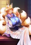  1girl animal_ear_fluff animal_ears arm_support bangs blonde_hair blush bra_through_clothes breasts commentary_request crossed_legs dress eyebrows_visible_through_hair fang feet_out_of_frame fox_ears fox_tail frills hair_between_eyes hand_up highres huge_breasts looking_at_viewer multiple_tails no_hat no_headwear open_mouth outdoors see-through short_hair sitting slit_pupils solo sweat tabard tail tongue tongue_out touhou wet wet_clothes wet_dress white_dress wildcat_(kusonemi) yakumo_ran yellow_eyes 
