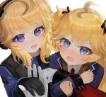  2girls :d ahoge arm_hug black_bow black_gloves blonde_hair blue_eyes blue_jacket blush bow collared_shirt commander_(girls&#039;_frontline) commentary_request dokomon dual_persona fang girls&#039;_frontline gloves hair_bow highres jacket korean_commentary long_hair long_sleeves multiple_girls necktie open_mouth red_neckwear shirt simple_background smile super_shorty_(girls&#039;_frontline) tears two_side_up upper_body v-shaped_eyebrows very_long_hair wavy_mouth white_background white_gloves white_shirt 