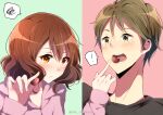  ! bangs black_shirt blush brown_eyes brown_hair chocolate closed_mouth feeding food green_eyes hibike!_euphonium holding holding_food jacket looking_at_another medium_hair open_mouth oumae_kumiko pink_jacket sae_(renkyuuake) shirt short_hair simple_background speech_bubble surprised tsukamoto_shuuichi 