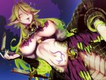  1boy 1girl ahoge areolae blush breasts breasts_apart bridal_gauntlets broken broken_sword broken_weapon brown_gloves defeat ear_piercing fangs femdom forked_tongue gloves green_hair highres lamia long_hair monster_girl navel nipples o-ring original piercing pointy_ears pov scales sharp_teeth smile snake_bondage solo solo_focus sword tail tattoo teeth tongue weapon z-ton 