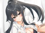  1boy 1girl black_bra black_hair blush bra breast_grab breasts cleavage commentary_request commission dress_shirt grabbing guided_breast_grab kantai_collection kasashi_(kasasi008) large_breasts long_hair looking_at_viewer open_clothes partially_unbuttoned ponytail red_eyes shirt sidelocks smile solo_focus unbuttoned unbuttoned_shirt underwear upper_body white_shirt yahagi_(kancolle) 