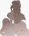  2girls :d ass bangs black_legwear blonde_hair blunt_bangs breasts brown_hair closed_eyes cowgirl_position eyebrows_visible_through_hair futa_with_female futanari garter_straps grey_background large_breasts long_hair maid_headdress mdf_an multiple_girls nipples nude open_mouth original sex simple_background smile straddling sweat thighhighs 