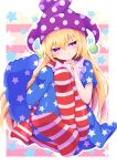  1girl american_flag_dress american_flag_legwear blonde_hair clownpiece feet full_body hat highres jester_cap light_smile long_hair looking_at_viewer neck_ruff no_wings pantyhose polka_dot purple_eyes purple_headwear short_sleeves sitting solo star_(symbol) star_print striped striped_background tomoe_(fdhs5855) touhou very_long_hair 