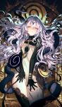  1girl absurdres bangs black_gloves closed_mouth commentary_request dress eyebrows_behind_hair gloves hair_between_eyes half-closed_eyes highres latin_cross long_hair looking_at_viewer original red_eyes signature silver_hair solo tentacles umiu_geso very_long_hair white_dress 