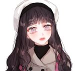  1girl bad_id bad_twitter_id bangs beret black_hair black_shirt blush boychaaa cardcaptor_sakura coat daidouji_tomoyo hat light_purple_eyes manhwa pale_skin pink_lips protected_link purple_eyes shirt solo trench_coat turtleneck white_background winter_clothes winter_coat 