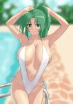  1girl akfg-uw-178 arms_up blush breasts casual_one-piece_swimsuit cleavage day green_eyes green_hair highleg highleg_swimsuit highres higurashi_no_naku_koro_ni large_breasts long_hair looking_at_viewer navel one-piece_swimsuit outdoors ponytail pool shiny shiny_hair solo sonozaki_mion standing swimsuit water white_swimsuit 
