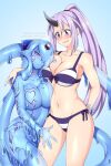  2girls bikini blue_hair blue_skin blush breasts cleavage collarbone colored_skin commission crossover elvetie english_commentary hair_over_one_eye horns large_breasts lindaroze liquid_hair long_hair mon-musu_quest! monster_girl multiple_girls navel oni_horns ponytail purple_eyes purple_hair red_eyes shion_(tensei_shitara_slime_datta_ken) single_horn slime_girl smile swimsuit tattoo tensei_shitara_slime_datta_ken tentacles thigh_grab yuri 