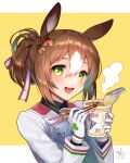  1girl animal_ears artist_name brown_hair chopsticks commentary_request cup_ramen fine_motion_(umamusume) folded_ponytail gloves green_eyes hair_between_eyes hair_ornament highres horse_ears looking_at_viewer open_mouth portrait simple_background solo umamusume white_gloves yukimichi_(nieko) 
