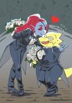  2girls :d absurdres alphys blush bouquet closed_eyes flower formal full_body glasses height_difference highres kiss leaning_forward multiple_girls open_mouth pant_suit smile suit tailcoat tiduco undertale undyne wife_and_wife yuri 