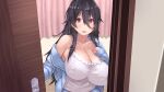  1girl black_hair blurry blush breasts camisole cleavage covered_nipples depth_of_field highres hood hoodie large_breasts long_hair natsuishi_nana open_clothes open_hoodie open_mouth opening_door orange_eyes original pov_doorway sleeves_past_wrists solo upper_body very_long_hair 