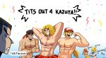  2girls 4boys abs ass bangs baseball_cap blonde_hair blue_eyes blush breasts capcom dougi earrings fatal_fury fatal_fury_cap flower_earrings gloves hat highres jewelry ken_masters large_breasts long_hair looking_at_viewer mario_(series) metroid mishima_kazuya mole mole_under_mouth multiple_boys multiple_girls nipples ponytail princess_daisy ryu_(street_fighter) samus_aran shirtless smile street_fighter street_fighter_ii_(series) super_mario_land super_smash_bros. tekken terry_bogard the_king_of_fighters thegreyzen underboob undressing 