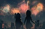  2girls absurdres character_request commentary dino_(dinoartforame) dress fireworks fish_tail gawr_gura hand_up highres hololive hololive_english lens_flare long_hair multiple_girls night outdoors pointing shark_tail shirt silhouette skirt tail watson_amelia 