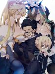  1boy 3girls agravain_(fate) ahoge anger_vein arm_cuffs armor artoria_pendragon_(all) artoria_pendragon_(swimsuit_ruler)_(fate) aunt_and_niece bangs black_armor black_dress black_hair blonde_hair blue_eyes braid breasts chain cleavage coffee_mug collar crown cuffs cup dress fate/grand_order fate_(series) french_braid fur glasses green_eyes hair_between_eyes hair_over_eyes hair_slicked_back highres jacket large_breasts long_hair looking_at_viewer morgan_le_fay_(fate) mother_and_son mug multiple_girls muzzle mysterious_heroine_x_(alter)_(fate) necktie nogi_(acclima) open_clothes open_jacket pantyhose playboy_bunny ponytail restraints shackles short_hair simple_background veil white_background yellow_eyes 