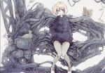  1girl bird blonde_hair blue_eyes bob_cut cable flower hand_in_pocket jacket miura_hatsuse nature original short_hair sitting solo squirrel wreckage 