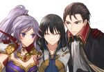  1boy 2girls bangs black_eyes black_hair blush closed_eyes commission commissioner_upload cravat fire_emblem fire_emblem:_genealogy_of_the_holy_war fire_emblem:_thracia_776 fire_emblem_heroes group_hug hair_ornament highres hug ishtar_(fire_emblem) jewelry kiran_(fire_emblem) long_hair looking_at_another looking_to_the_side multiple_girls original purple_eyes purple_hair reinhardt_(fire_emblem) skeb_commission smile voyager_bihai 