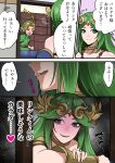  1boy 1girl blonde_hair blush commentary fuugetsu_(sanmunyudai) green_hair green_headwear hair_ornament highres kid_icarus licking_lips link palutena super_smash_bros. the_legend_of_zelda tongue tongue_out yandere 