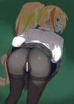  1girl anus ass bar_censor bent_over black_legwear blonde_hair blue_skin censored colored_skin ettone green_hair highres long_hair looking_at_viewer nikaidou_saki orange_hair pantyhose pleated_skirt ponytail red_eyes skirt solo thighband_pantyhose very_long_hair zombie_land_saga 