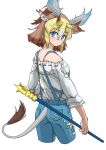  1girl absurdres animal_ears bare_shoulders blonde_hair blouse blue_eyes blue_pants brown_hair commentary_request cowboy_shot denim extra_ears eyebrows_visible_through_hair from_behind giraffe_ears giraffe_girl giraffe_horns giraffe_tail hair_between_eyes highres horns jeans kemono_friends kemono_friends_3 long_sleeves looking_at_viewer multicolored_hair off_shoulder official_alternate_costume pants short_hair sivatherium_(kemono_friends) solo suspenders tail tanabe_(fueisei) weapon white_blouse 