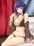  asaka_karin bed bed_sheet bikini blue_eyes blue_hair blush breasts brown_bikini city_lights collarbone curtains eyebrows_visible_through_hair hand_up highres large_breasts looking_at_viewer love_live! love_live!_nijigasaki_high_school_idol_club medium_hair mole mole_on_body nail_polish navel night on_bed open_clothes open_shirt pillow purple_nails red_curtains see-through sitting sitting_on_bed swimsuit utomo window 