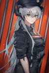  1girl arknights black_headwear black_shirt commentary dragon_horns eyebrows_visible_through_hair eyes_visible_through_hair grey_hair hat highres horns looking_at_viewer looking_to_the_side official_alternate_costume orange_background orange_eyes parted_lips police police_hat police_uniform prison_cell saria_(arknights) saria_(the_law)_(arknights) shadow shirt sleeves_folded_up solo tamako_(tmc_dr) uniform upper_body walkie-talkie 