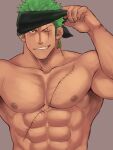  1boy abs alternate_pectoral_size bara chun_(luxtan) completely_nude dark-skinned_male dark_skin earrings green_hair headband jewelry large_pectorals long_sideburns looking_at_viewer male_focus muscular muscular_male nipples nude one_piece pectorals roronoa_zoro scar scar_across_eye scar_on_chest short_hair sideburns single_earring smirk solo stomach upper_body 