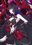  1girl absurdres armpits bangs bare_shoulders black_gloves black_hair breasts cleavage closed_mouth disembodied_limb electricity gloves guaili_shu hair_between_eyes hands_on_hips highres holding holding_sword holding_weapon honkai_(series) honkai_impact_3rd horns katana long_hair looking_at_viewer mismatched_gloves navel purple_eyes raiden_mei raiden_mei_(herrscher_of_thunder) red_gloves solo sword weapon 