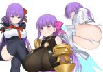  3girls ass bb_(fate) bb_(fate)_(all) black_choker black_coat black_footwear blue_eyes boots breasts buckle choker claw_(weapon) coat crossed_legs eyebrows_visible_through_hair fate/grand_order fate_(series) gigantic_breasts gloves hair_ribbon highres large_breasts leotard long_hair looking_at_viewer meltryllis_(fate) multiple_girls neck_ribbon o-ring open_clothes open_coat open_mouth passionlip_(fate) pink_ribbon popped_collar prosthesis prosthetic_leg purple_eyes purple_hair red_ribbon ribbon s.w smile thigh_boots thighhighs very_long_hair weapon white_gloves white_leotard white_ribbon 