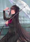  1girl absurdres black_scarf black_shirt black_skirt commentary_request doll fate/grand_order fate_(series) highres holding holding_doll holding_umbrella long_hair long_skirt long_sleeves looking_at_viewer looking_to_the_side omizu_(mimisyumikan) oryou_(fate) pleated_skirt purple_neckwear rain red_eyes scarf shirt skirt solo transparent transparent_umbrella umbrella very_long_hair 