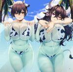  2girls against_glass animal_ears animal_print bangs bikini black_hair black_nails blue_sky blueorca breast_press breasts brown_eyes chinese_zodiac choker cloud cow_ears cow_girl cow_horns cow_print cow_tail day glass_wall hair_between_eyes highres horns huge_breasts jewelry large_breasts long_hair messy_hair multiple_girls nail_polish navel original palm_tree pendant pendant_choker pool purple_eyes short_hair sky swimsuit symbol_commentary tail tree year_of_the_ox 