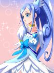  1girl arms_behind_back blue_choker blue_dress blue_eyes blue_hair blue_theme breasts brooch choker collarbone cowboy_shot crystal_earrings cure_diamond dokidoki!_precure dress earrings eyebrows forehead gradient gradient_background heart hishikawa_rikka jewelry kamonan_(pixiv_id_1430057) looking_away open_mouth pink_background ponytail precure puffy_sleeves small_breasts solo sparkle_background yellow_choker 