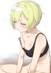  1girl absurdres bare_shoulders black_tank_top blonde_hair blush bottomless breasts closed_eyes closed_mouth erica_hartmann eyebrows_visible_through_hair fankupl highres navel nipples no_bra no_panties shiny shiny_hair short_hair simple_background sitting sleepy small_breasts solo strike_witches tank_top tears white_background world_witches_series 