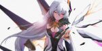  1girl absurdres antenna_hair asymmetrical_gloves bangs bare_shoulders breasts cleavage closed_mouth gloves guaili_shu hair_between_eyes hair_ornament highres honkai_(series) honkai_impact_3rd huge_filesize kiana_kaslana kiana_kaslana_(herrscher_of_the_void) long_hair looking_at_viewer simple_background solo white_background white_hair wings yellow_eyes 